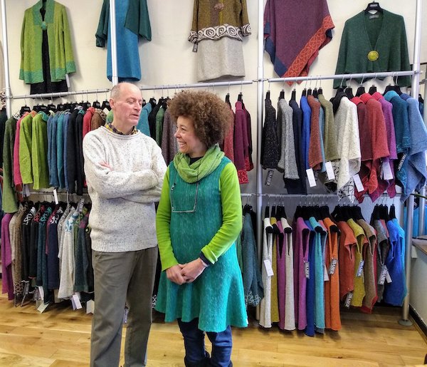 Helen and Bill in the shop, the Sally Dress is one of Helen's favourite pieces.