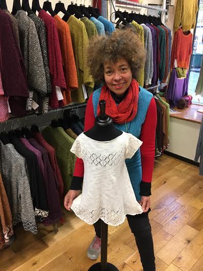 Helen with dress from Picolo's kids range