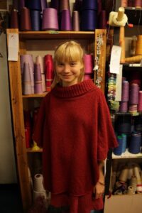 Mina in this lovely red Argyll at the workshop