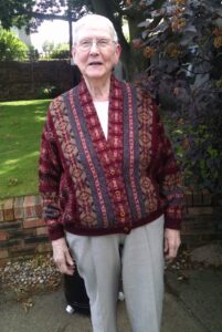 Vicky in her vintage Bill Baber cardigan